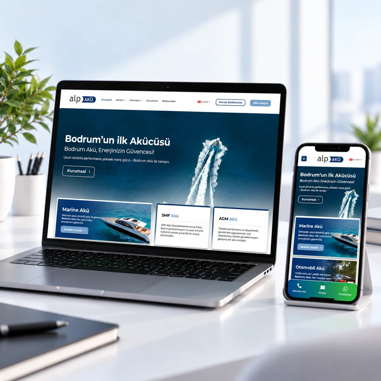Kurumsal web sitesi örneği: Alp Akü sitesinin masaüstü ve mobil görünümü