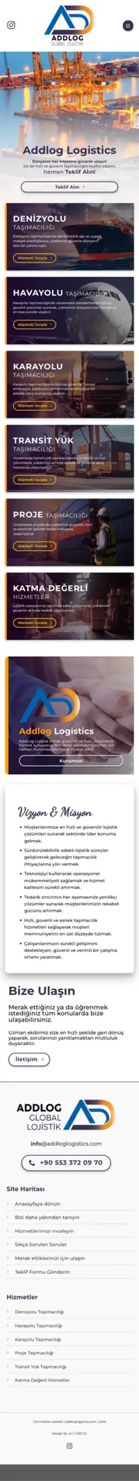 AddLog Lojistik web sitesi mobil görünümü