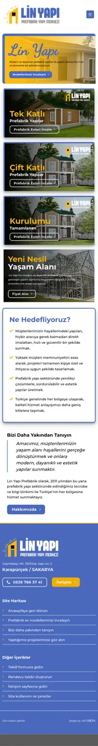 Lin Yapı web sitesi mobil görünümü