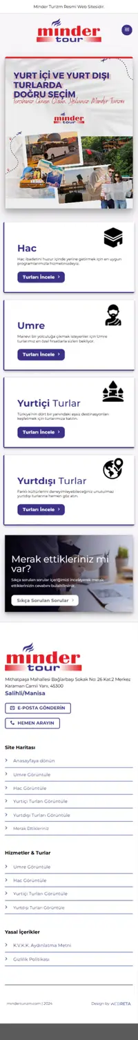 Minder Turizm web sitesi mobil görünümü