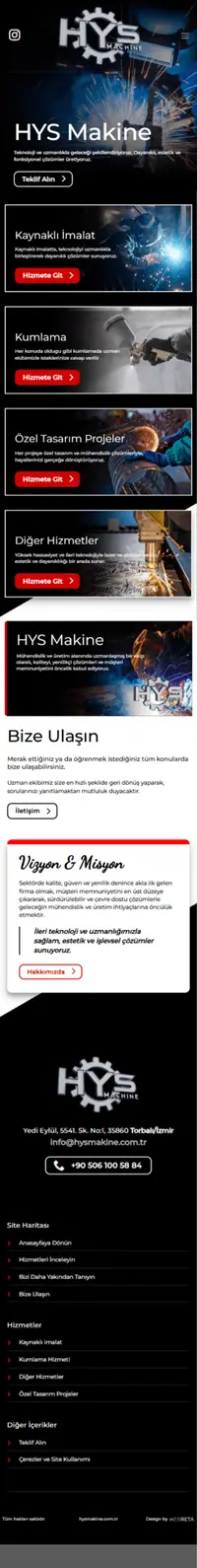 HYS Makine web sitesi mobil görünümü
