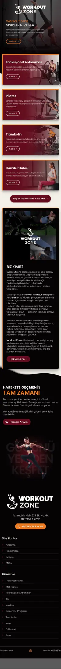 Workout Zone web sitesi mobil görünümü
