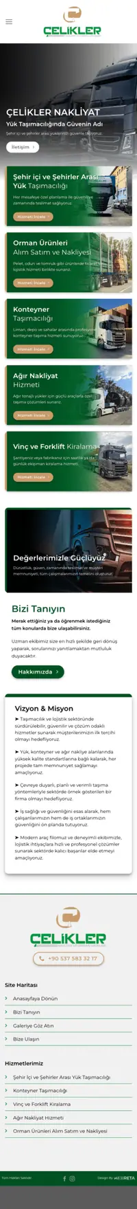 Çelikler Nakliyat web sitesi mobil görünümü