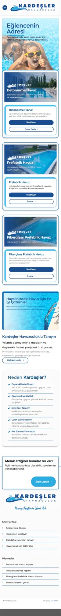 Kardeşler Havuzculuk web sitesi mobil görünümü