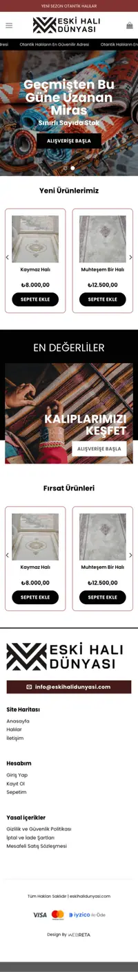 Eski Halı Dünyası web sitesi mobil görünümü