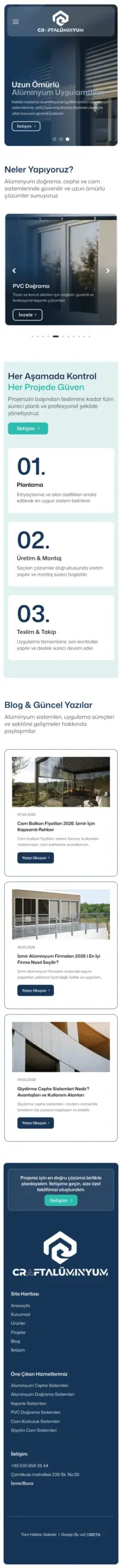 Craft Alüminyum web sitesi mobil görünümü