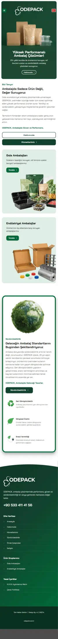 Odepack web sitesi mobil görünümü