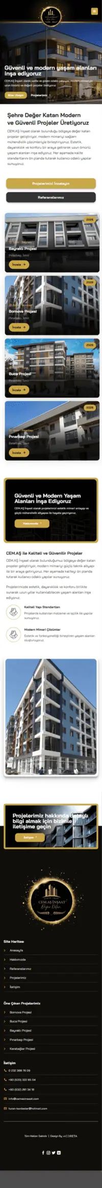 Cemaş inşaat web sitesi mobil görünümü