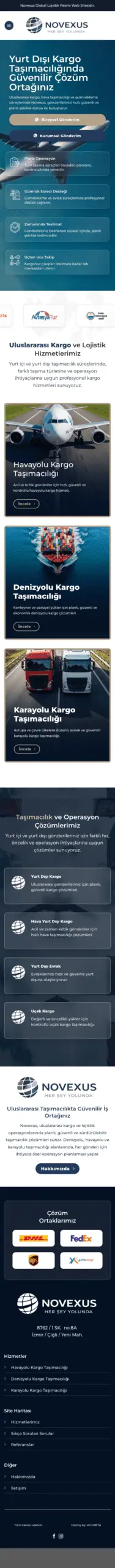 Novexus Global Lojistik web sitesi mobil görünümü