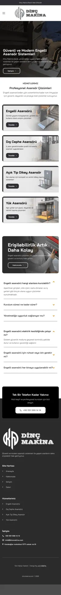 Dinç Makina web sitesi mobil görünümü