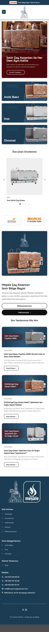İzmir Çay Kazanları web sitesi mobil görünümü